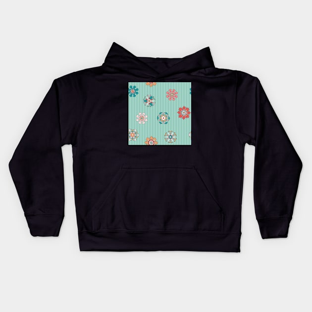 Pattern of colorful rosettes on mint green stripes Kids Hoodie by colorofmagic
